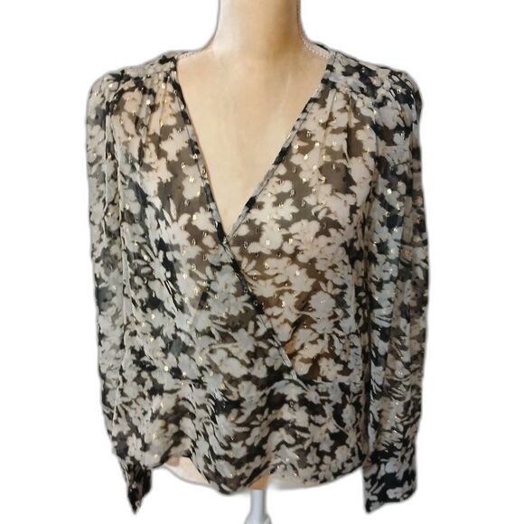 MNG semi sheer blouse long sleeve deep v-neck black white gold tone metallic 12 - Picture 1 of 6